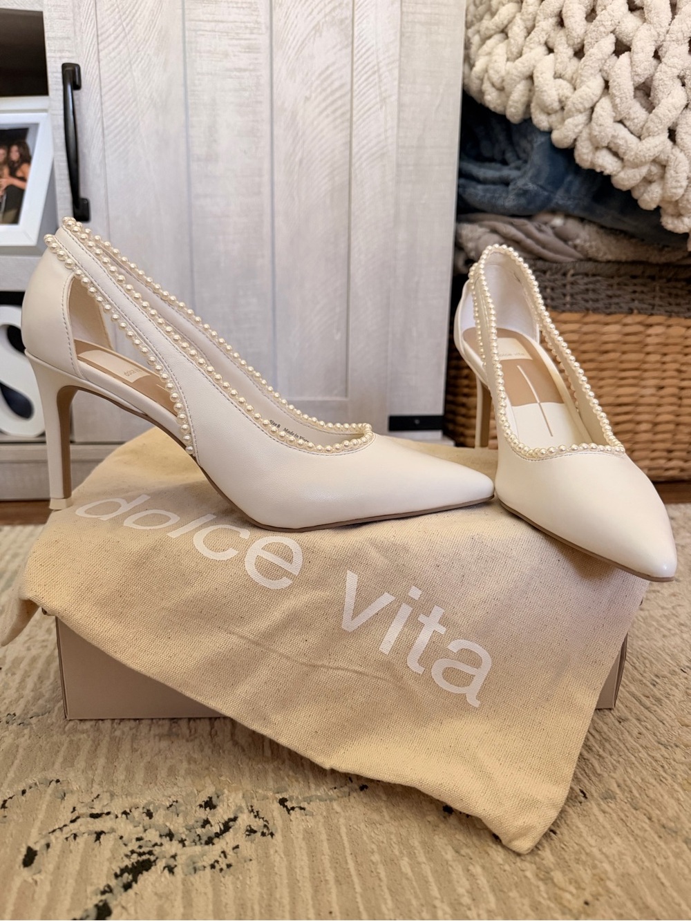 Dolce Vita Cream Pearl-Trim Pointed Slingback Heels